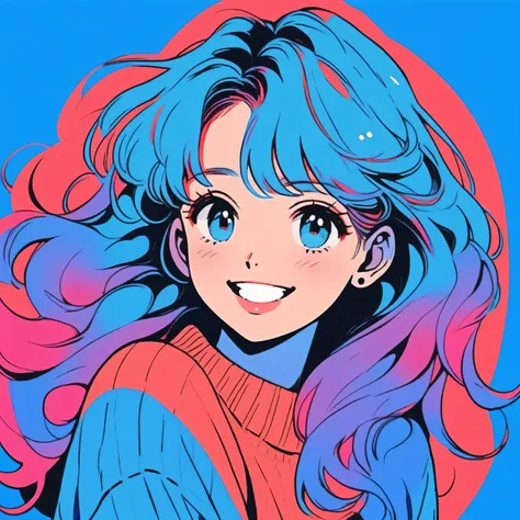 Illustrator, anime , Realistic ,sketch , One Girl, ,lip, sweater,order, Blue gradient background, Neon Hair,Texture Crop, Canadian, (masterpiece,Best Quality)、smile