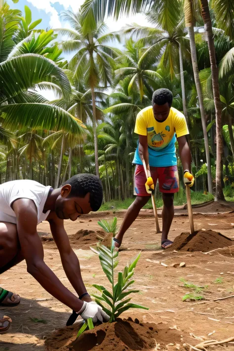 communtity planting trees with young coconut trees  been painted