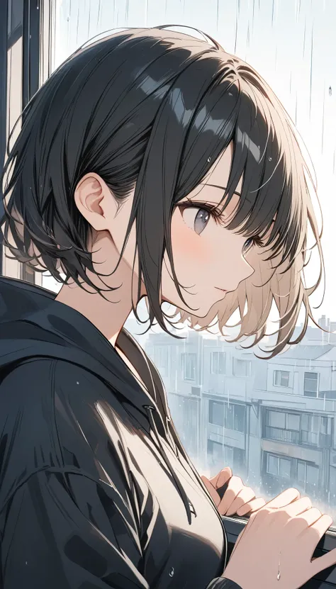 Anime, ((Astonishingly Absurd)), (Excellent: 1.2), Ultra High Resolution, Attention to Detail, High Quality, High Resolution, Top Quality, 4k, 8K, Black hoodie, White skirt, Black eyes, Short hair, Black hair, Profile, Looking out the window, Rainy weather...