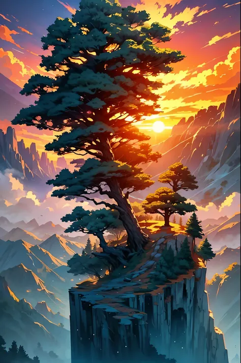 
a tree on top of a cliff, a photo, trending on Artstation, sunset and big clouds behind it, lofi album art, beautiful pine landscape, epic music album cover