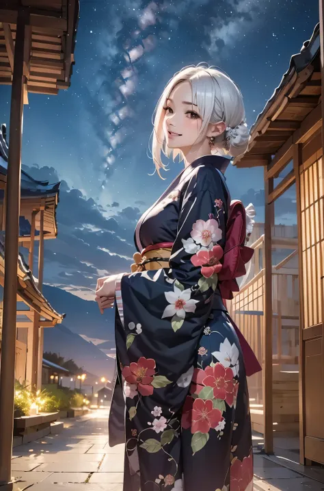 masterpiece, best quality, highly detailed, 1girl, white hair, face: sweet girl, laugh kimono, black kimono, matte texture cloth...