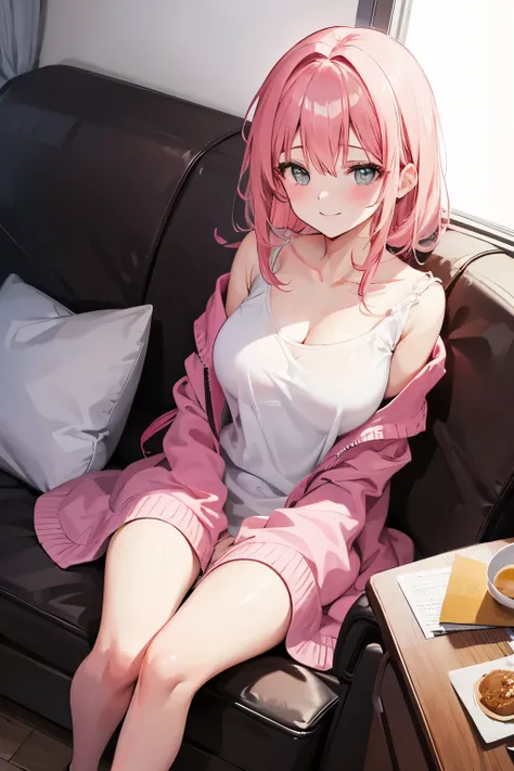 High resolution, masterpiece, Anatomically correct, Best Quality, One girl, Blushing, smile, Pink Hair, Simple Background、knees、Sleeping together