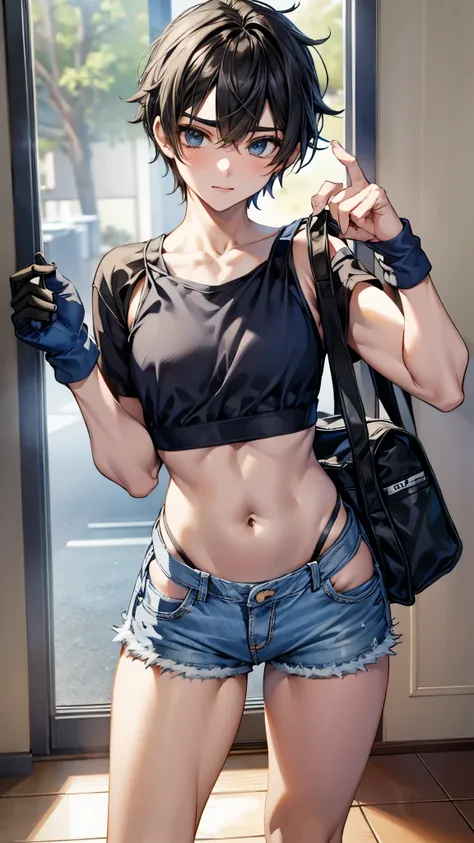 ((One Boy)),((Fem Boy)),((crossdresser)),Black Short Hair,Slender body,((full body)),((Flat Chest)),sleepy,dissatisfaction,Irritation,fem boy in a gray bra top and blue shorts and white slouth socks and black sneaker taking a selfie, 2 female model, fit pi...