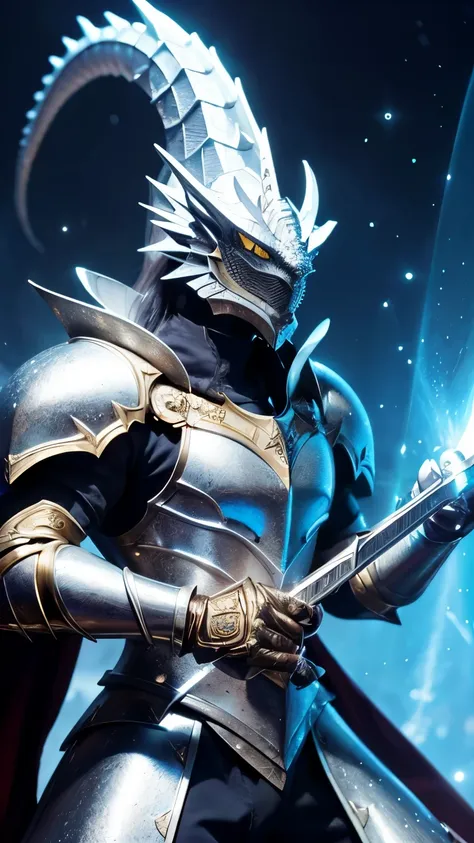 A dragon clad in diamond armor, wielding a sharp sword made of pure diamond in its hand. The dragon is the captain of a knightly order.