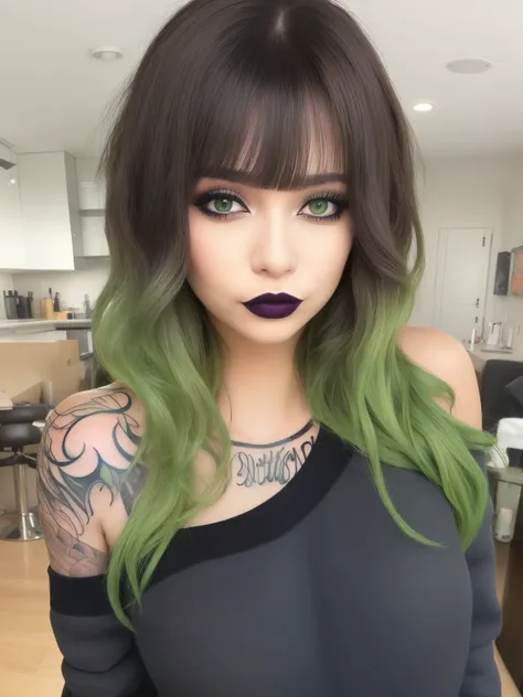 masterpiece, adult, indoors, woman with green to black ombre hair, lipstick, tattoos, bangs, messy hair, eye shadow, smoky eyes,...