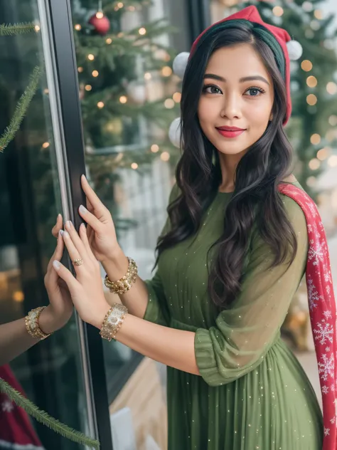 a close up of a woman in a green dress standing near a glass door, assamese aesthetic, leaked image, cute beautiful, candid picture, portait photo profile picture, actress, with cute - fine - face, attractive girl, very extremely beautiful, very very low q...