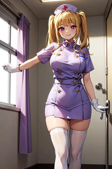 1girl, solo, nurse, nurse cap, white nurse uniform, ((white legwear, zettai ryouiki)), white gloves, twintails, yellow hair, purple eyes, smile, standing, ((hospital room)), sharp outline, short sleeves, best quality, masterpiece