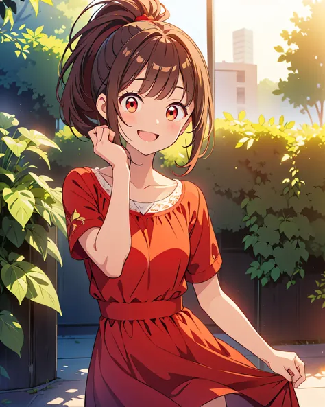 Best Quality, 32K, High resolution, masterpiece:1.5, One beautiful girl, Anime-style illustrations, Rich emotional expression, An exceptionally beautiful face, Perfect Human Anatomy, Big red eyes, ((Surprised Smile:1.4)), Shiny cocoa brown hair, ponytail, ...