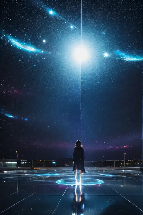 A woman in an empty city plaza, standing on a surface of shifting, transparent glass tiles. The ground beneath her is constantly moving, revealing glimpses of a swirling galaxy beneath. Her body appears to be dissolving into stardust from her feet upwards,...