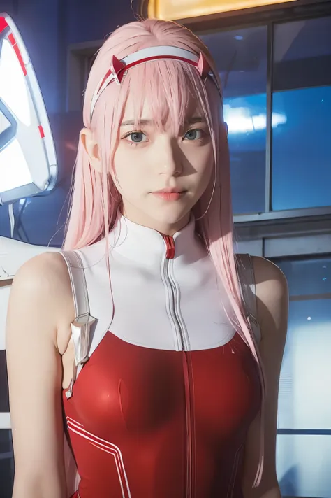 dynamic angle,ultra-detailed, illustration, straight on, 1girl, ((Zero two, interface headband with a pair of horns, red bodysuit:1.4, pink hair)), Her eyes shone like dreamy stars,(glowing eyes:1.233),(beautiful and detailed eyes:1.1),(expressionless, clo...