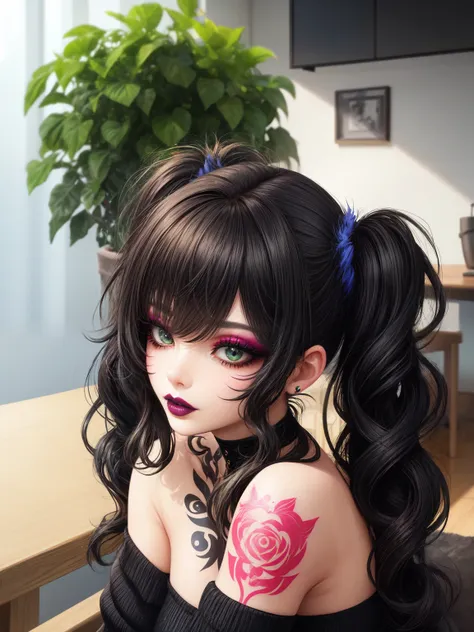 masterpiece, adult, indoors, woman with green to black ombre hair, lipstick, tattoos, bangs, messy hair, pigtails, eye shadow, s...