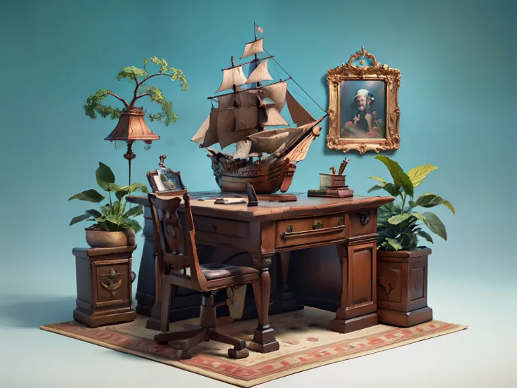 water cube, ocean、coral reef、beautiful fish、treasure、1 galleon、smooth sailing、(on the desk in the study)、(classic)、(vintage)、sim...