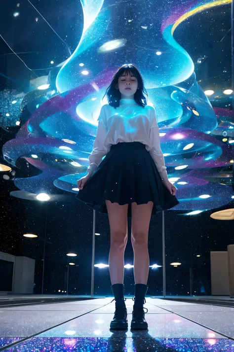 A woman in an empty city plaza, standing on a surface of shifting, transparent glass tiles. The ground beneath her is constantly moving, revealing glimpses of a swirling galaxy beneath. Her body appears to be dissolving into stardust from her feet upwards,...