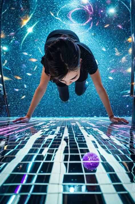 A woman in an empty city plaza, standing on a surface of shifting, transparent glass tiles. The ground beneath her is constantly moving, revealing glimpses of a swirling galaxy beneath. Her body appears to be dissolving into stardust from her feet upwards,...