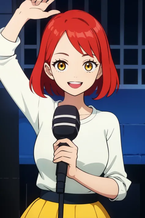 ((Best quality)), ((masterpiece)), (detailed), whole body, 1 woman, white shirt, yellow eyes, (Blue skirt), (red hair), holding the mic, smiling face