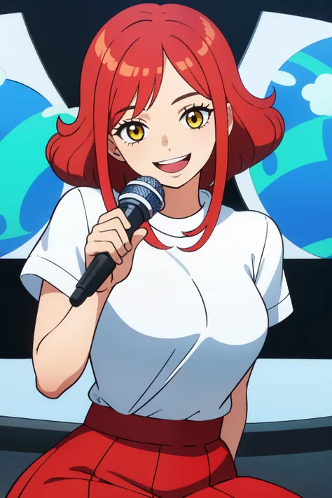 ((Best quality)), ((masterpiece)), (detailed), whole body, 1 woman, white shirt, yellow eyes, (Blue skirt), (red hair), holding the mic, smiling face