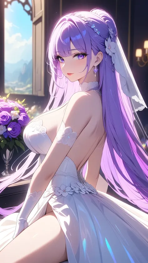 (masterpiece,{{bestquality}}), 1 girl, Beautiful breasts, juicy thighs, thin waist,  decorations, White gloves , white wedding dress, bridal veil, bride,  white hair, Long hair , dark purple eyes 