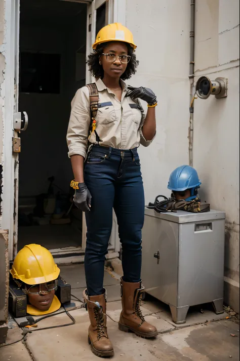 A full image of a female african american electrician with safety equipments, gloves, a helmet, glasses and boots