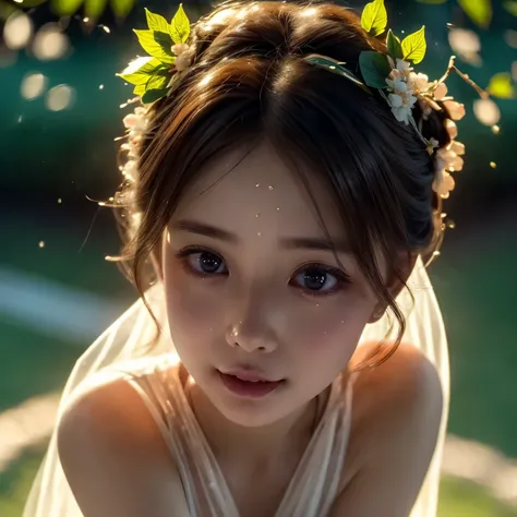 (best quality,masterpiece,8K),(detailed),sheer tight wedding underwear,in a garden,spreading her legs,highly detailed facial features,beautiful intricate eyes,lush green foliage,warm golden Rays on face,photorealistic,VolumetricLighting,ethereal,elegant,se...