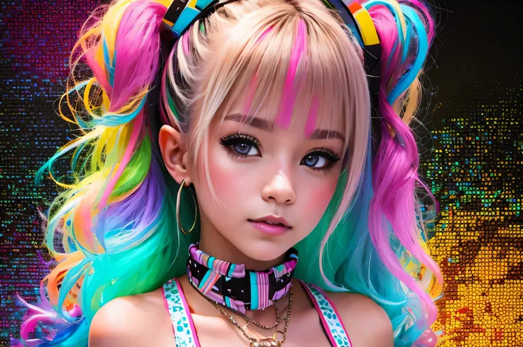 (cowboy shot), blond woman in a bikini with braids and a choke, wearing pearl neon bikini, colorful pigtail, blond hair with pigtails, y 2 k cutecore clowncore, blonde goddess, electronic bikini, rave inspired, bold rave outfit, decora inspired, cute rave ...