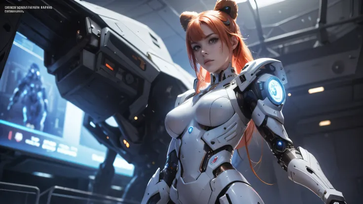 Full frontal view of a girl advancing towards the viewer determined. She is wearing an advanced mechanized combat bio suite. Her combat bio suite is white and grey. Highly detailed high tech cyborg. A beautiful woman with orange-red hair tied in two buns o...