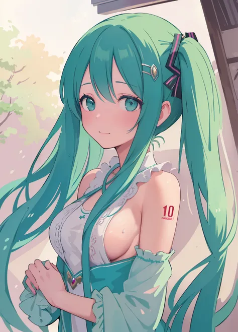 (masterpiece、Best Quality、Best Quality、公式art、Beautiful and beautiful:1.2)、(One person:1.3)Hatsune Miku、Twin tails,Beautiful breasts,woman + exit + India + Affectionate + veil splashart, splashart, league of legends splashart, art, Brushstrokes, masterpiece...