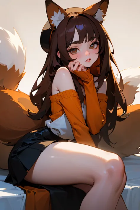 A beautiful detailed portrait of a female fox girl, modern,  182cm tall, slim body, with cascade dark brown hair to her shoulders, wearing a black skirt, orange sweater with white parts, black tights,  and a brown hat with an orange stripe, black mask on m...