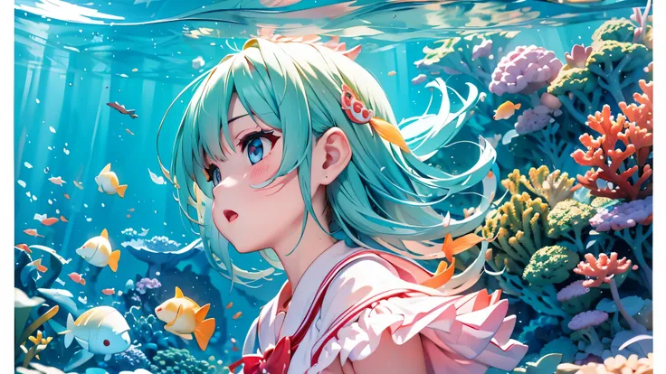 Seabed、school of fish、coral、siren、fish eye lenses、Beautiful girl、prisma、profile