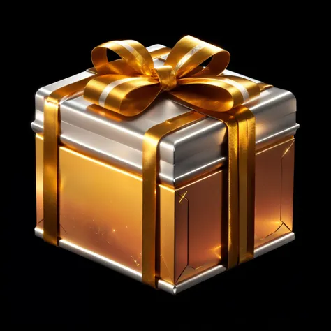 (masterpiece:1.1), (:1.1)，a gold ribbon wrapped around a silver and orange gift box,，metal material,metallic luster，science fict...