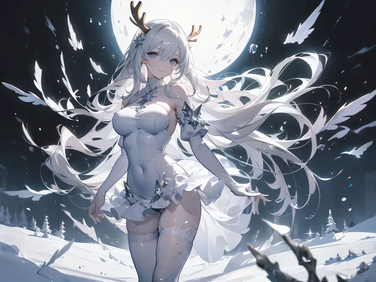 ((masterpiece， Best quality))，Snow Woman，reindeer，Snow is falling，snowflake，Edelweiss，Black and white and gray，Pure white background，Standing，Detailed face，Smile，whole body，Standing picture，Perfect body proportions，Glowing eyes，sexy，Tattoo，extremely beauti...