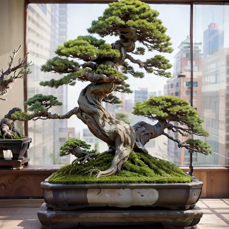 (A girl appreciating bonsai:1.2)、bonsai, Famous Bonsai Garden, (Lots of bonsai:1.2)、A wonderful masterpiece、High-end display stand、(Blur the background)、Best Quality、High image quality、masterpiece、4K、8k、wallpaper、