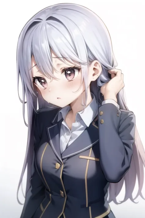 girl in school uniform, touches his hair, holds his hair, is embarrassed. blushed, looks down. sweat