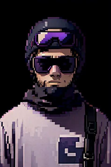 man wearing a faded purple ski mask, image from the shoulders, grunge, surreal, solid black background, high resolution, ski goggles on face