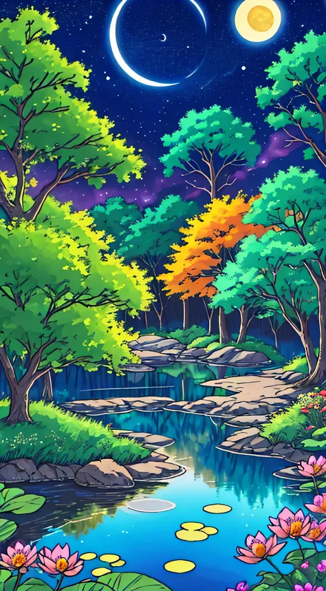 "Anime nature wallpaper of a lively forest clearing with colorful flowers, animated trees, and a crystal-clear pond reflecting the night sky. Warm, festive colors with stars twinkling, creating a magical and joyous atmosphere."