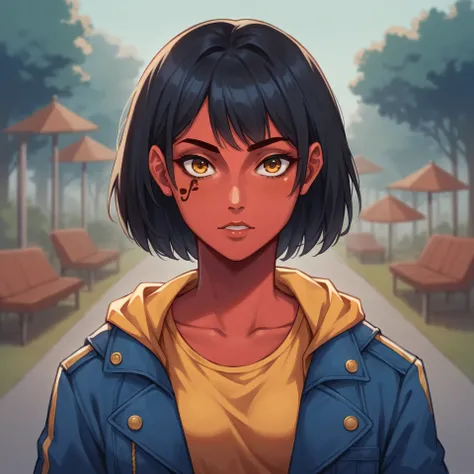 anime girl with black hair and yellow shirt standing in a park, artgerm and atey ghailan, anime style portrait, digital anime illustration, urban girl fanart, pharah, anime style illustration, semirealistic anime style, in the style of ross tran, anime sty...