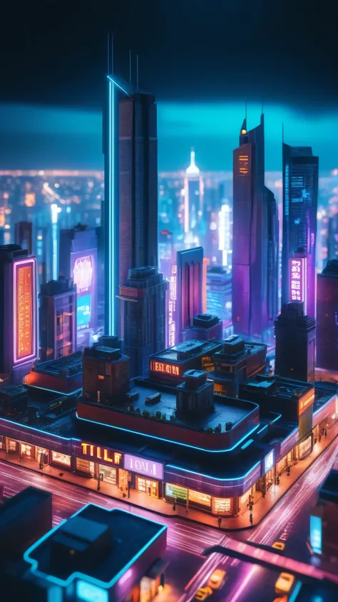 a neon-lit futuristic cyberpunk city, tilt-shift miniature photography, detailed cityscape, 4k, photorealistic, hyper-detailed, ...