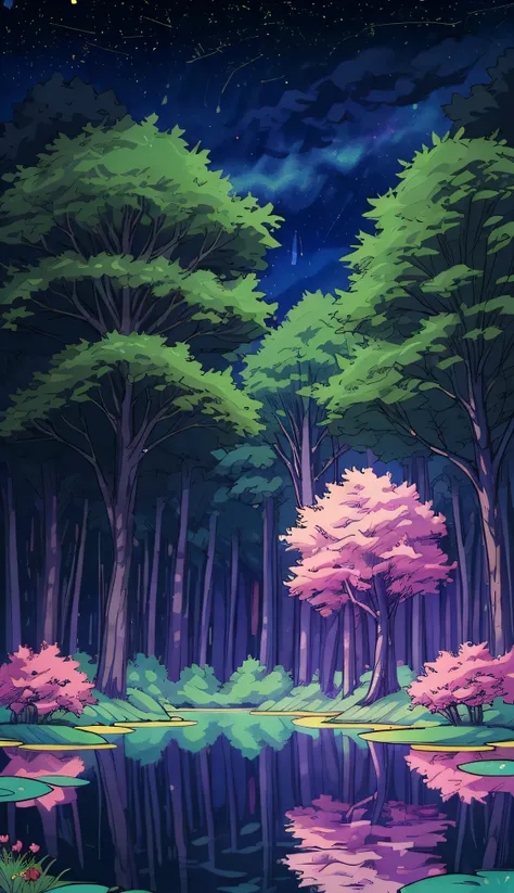 "Anime nature wallpaper of a lively forest clearing with colorful flowers, animated trees, and a crystal-clear pond reflecting the night sky. Warm, festive colors with stars twinkling, creating a magical and joyous atmosphere."