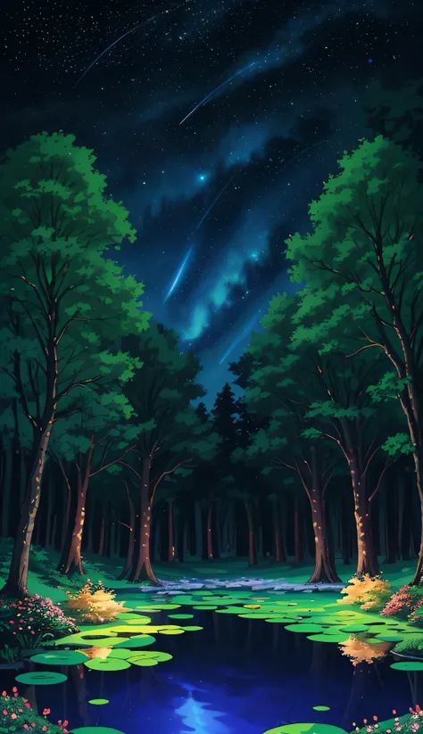 "Anime nature wallpaper of a lively forest clearing with colorful flowers, animated trees, and a crystal-clear pond reflecting the night sky. Warm, festive colors with stars twinkling, creating a magical and joyous atmosphere."