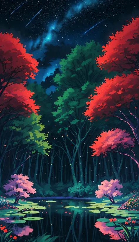 "Anime nature wallpaper of a lively forest clearing with colorful flowers, animated trees, and a crystal-clear pond reflecting the night sky. Warm, festive colors with stars twinkling, creating a magical and joyous atmosphere."