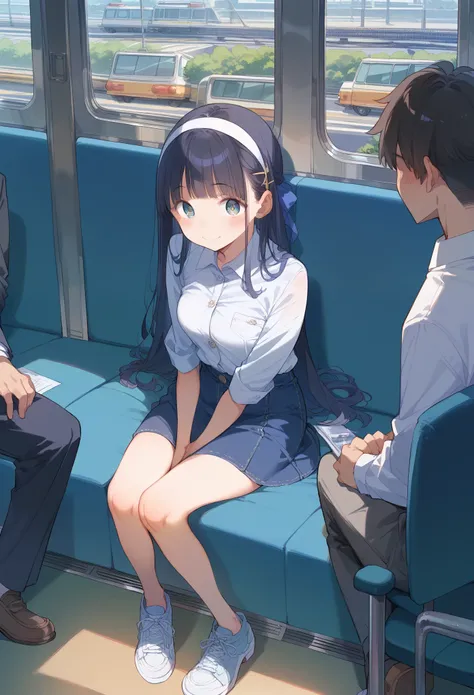 Viewer discretion advised、Young girl、Very cute、Firm breasts、Denim skirt、The belly button is exposed、Black Hair、Straight Long Hair、White headband、Light blue sneakers、Top quality backgrounds、Sparkling Eyes、fun、An innocent smile、On the train、one men、An office...