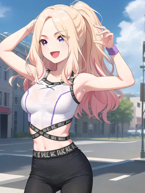 (masterpiece, best quality), highly detailed background, perfect lightingbest quality, juuousena, outdoors, city, blonde hair, ponytail, parted bangs, forehead, streaked hair, wavy hair, very long hair, purple eyes, medium breasts, white shirt, sleeveless ...