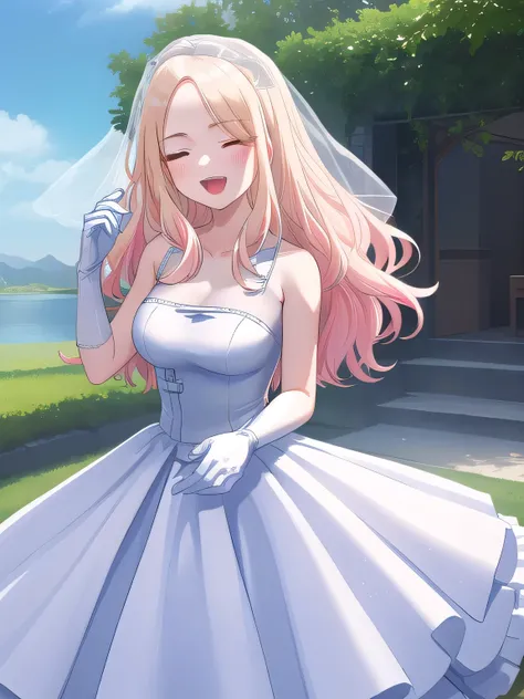 (masterpiece, best quality), highly detailed background, perfect lightingbest quality, juuousena, outdoors, nature, bridal veil, blonde hair, parted bangs, forehead, streaked hair, wavy hair, very long hair, closed eyes, medium breasts, wedding dress, whit...