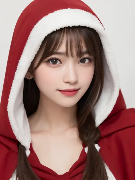 white background, half body portrait, bust shot, looks happy, gentle smile, one girl, (a beauty girl, delicate girl:1.3), (20 years old:1.3), break, (Little Red Riding Hood), break, very fine eyes, (symmetrical eyes:1.3), break, D cup breasts, brown eyes, ...