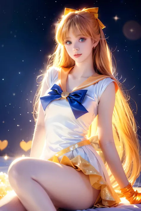 Sailor venus. Detailed face, detailed blue eyes, sparkly makeup and glitter on her skin. she’s wearing sailor venus orange outfit. Orange skirt. Ribbon hair. The background has glowing lights and heart bokeh effects, creating a dreamy aesthetic. 80s fantas...