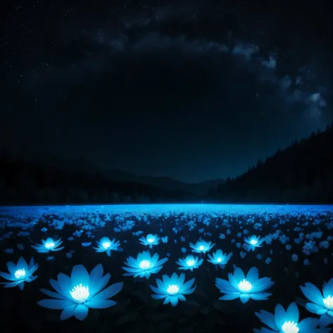 there are many white flowers in the dark with a black background, digital art by Bruce Munro, flickr, conceptual art, glowing flowers, luminous flowers, beautiful blue lights, glowing blue, bioluminescent plants, night sky full of flowers, blues. beautiful...