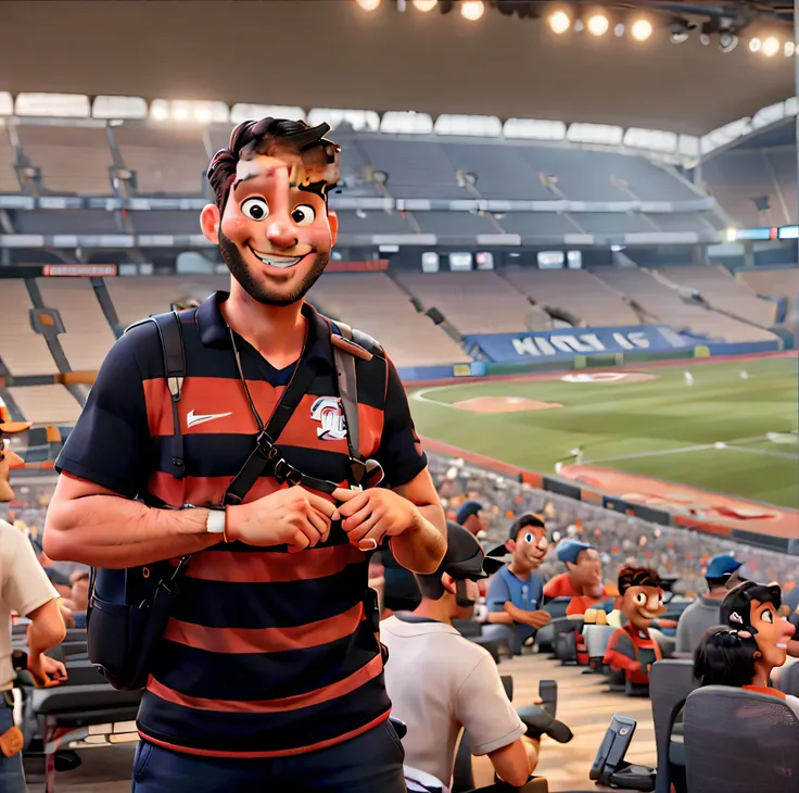 A man with black hair and a black beard smiling, with a red and black horizontal striped shirt, and a Disney Pixar style stadium backdrop, high quality.