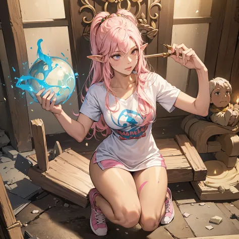 (masterpiece, best quality:1.2), highly detailed, illustration, mature woman, elf ears, pink hair, dark tan skin, athletic body, full body, heavy metal band T-shirt, leggings, all-stars shoes, elemental magic around, in a temple room, action paint 