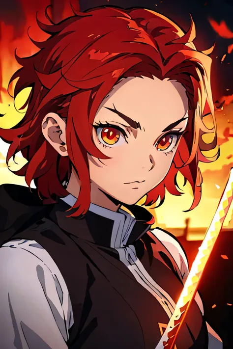 a detailed, red hair and striking orange highlights, dressed in the style of the demon slayer anime, holding a katana sword, bea...