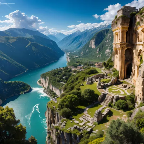 (ultra-detailed,highres:1.2),landscapes,mythology,city of Athena,Sparta,Mount Olympus,ancient ruins,vibrant colors,mythical creatures,majestic waterfalls,cloud-covered mountains,sun-drenched valleys,celestial beings,divine architecture,golden temples,emera...