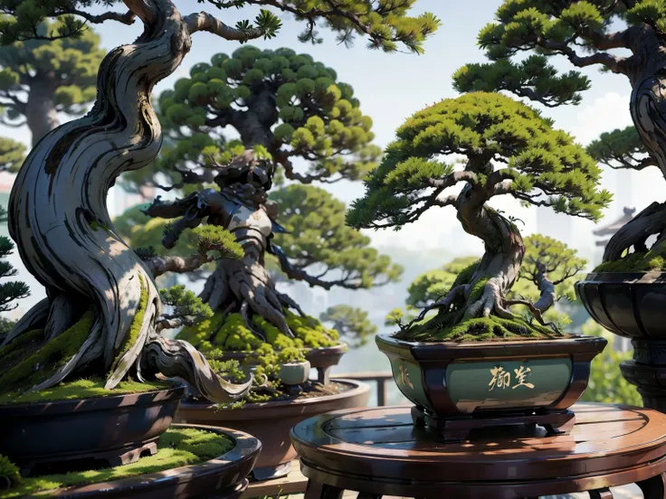 (Girl and Bonsai:1.2)、bonsai, Famous Bonsai Garden, (Lots of bonsai:1.2)、A wonderful masterpiece、High-end display stand、(Blur the background)、Best Quality、High image quality、masterpiece、4K、8k、wallpaper、